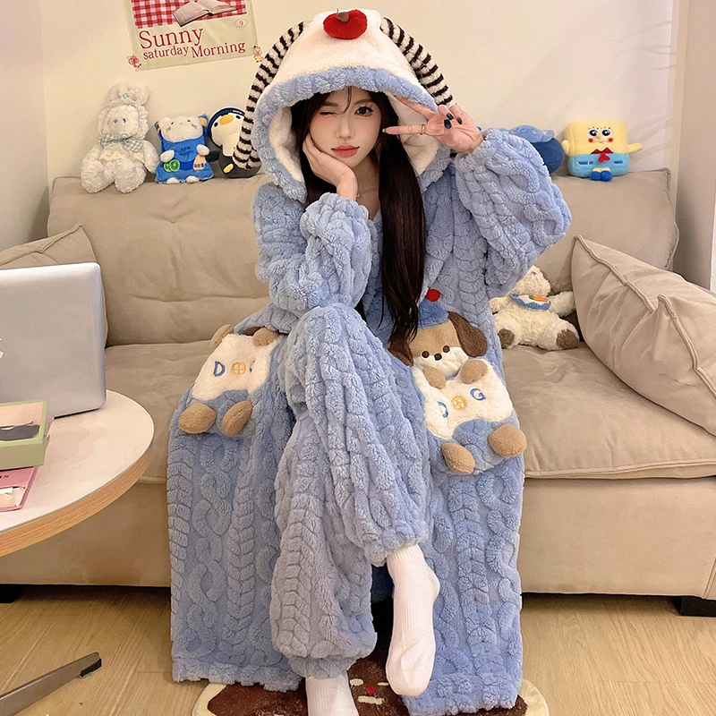 珊瑚绒睡衣女款秋冬季加厚加绒法兰绒冬天卡通可爱家居服套装睡袍