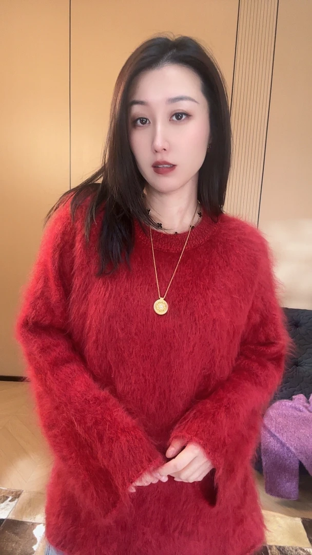 【重磅花纱】100%山羊绒拉绒高克重圆领花纱卷边羊绒衫套头女24776