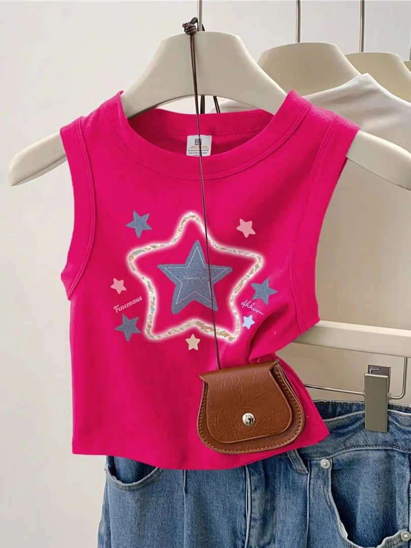 夏日多巴胺穿搭印花无袖吊带背心t恤衫女外穿显瘦小个子短款上衣