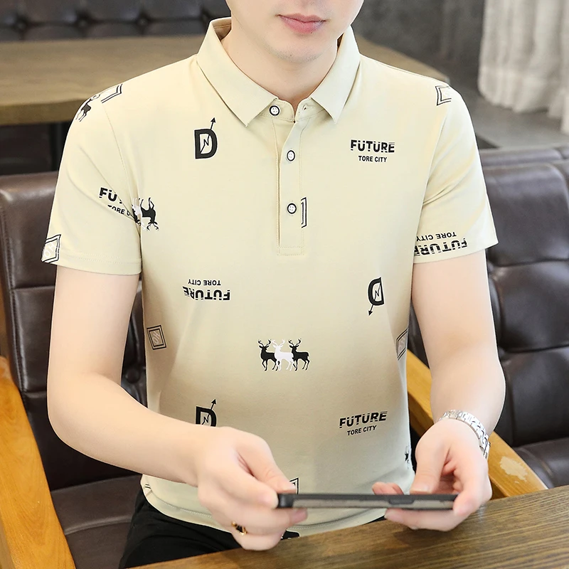 高档时尚短袖男士翻领POLO衫夏季新款潮流印花百搭帅气男休闲上衣