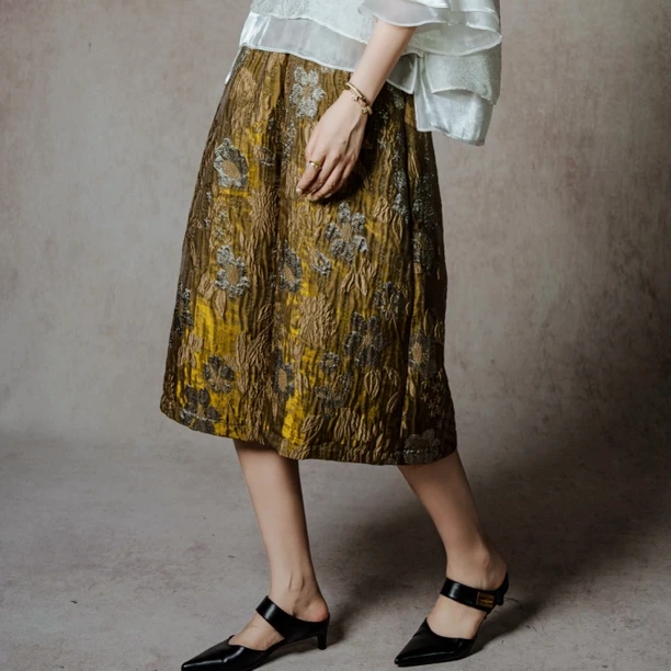 夏日清凉K2105-2【芳菲入梦】金缕棕浮雕刺绣提花7分真丝里衬阔腿裤