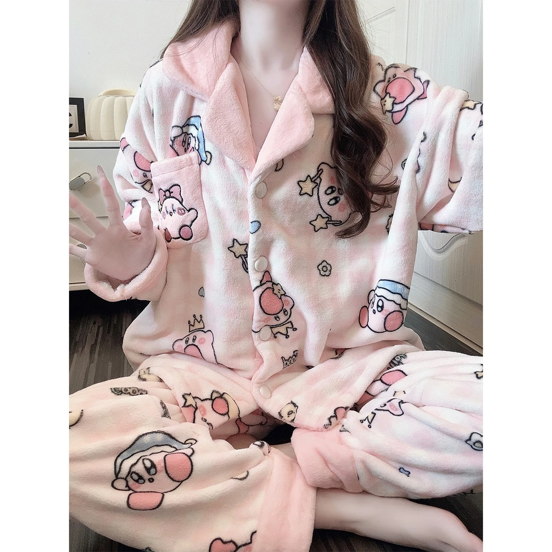 珊瑚绒睡衣女冬季可爱粉色卡通加厚法兰绒冬天开衫少女家居服套装