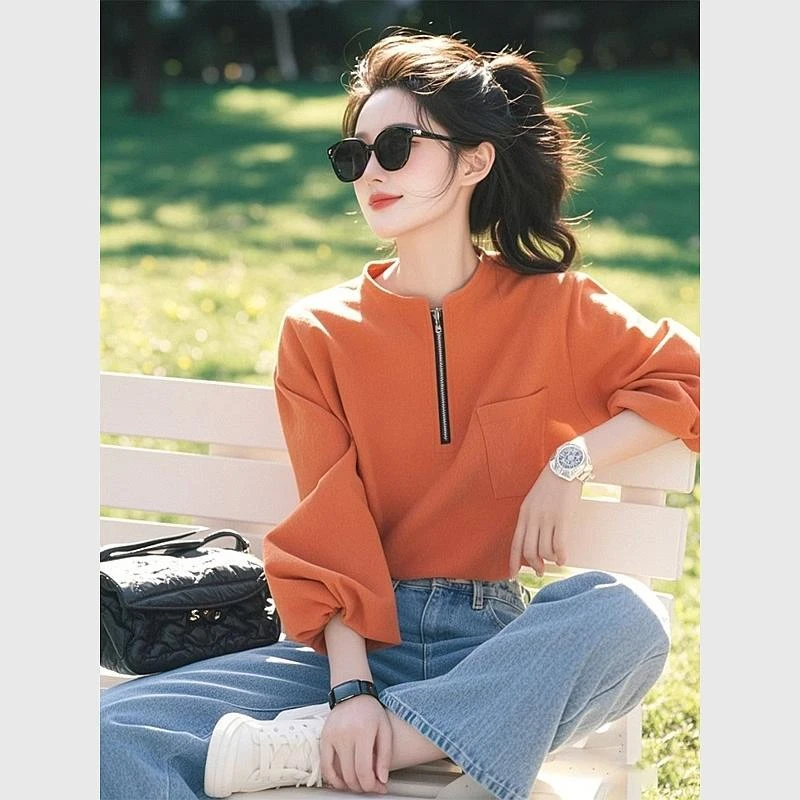 今年流行爆款超好看独特漂亮洋气设计感减龄橙色拉ov行星内搭衬衣