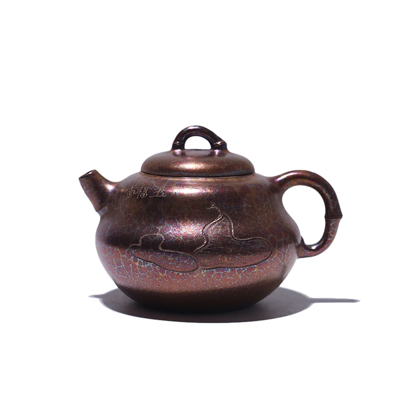 大吉羊柴烧 宜兴茶壶 本山绿泥五福临门（彩金柴烧）130ml徐雅