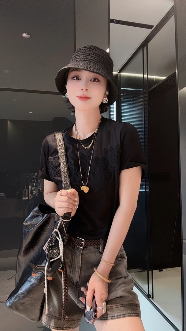 FANYE   2025夏季新款设计感拼接网纱钩花短袖T恤25337