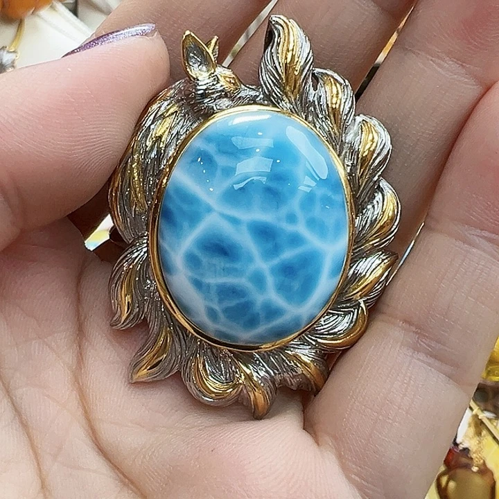 银S925镶嵌针钠钙石（海纹石）颈饰