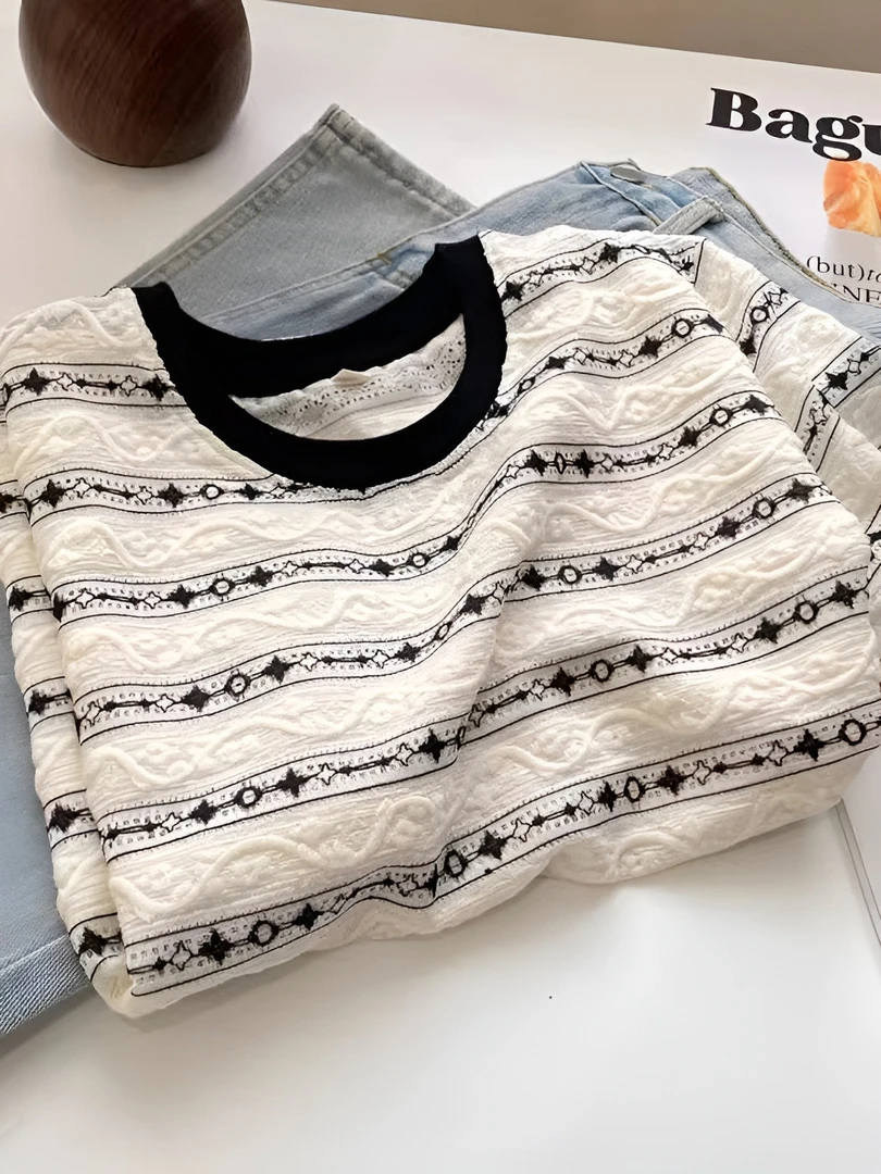 大牌外贸尾货清仓~镂空提花条纹短袖T恤女夏季时尚百搭显瘦上衣潮