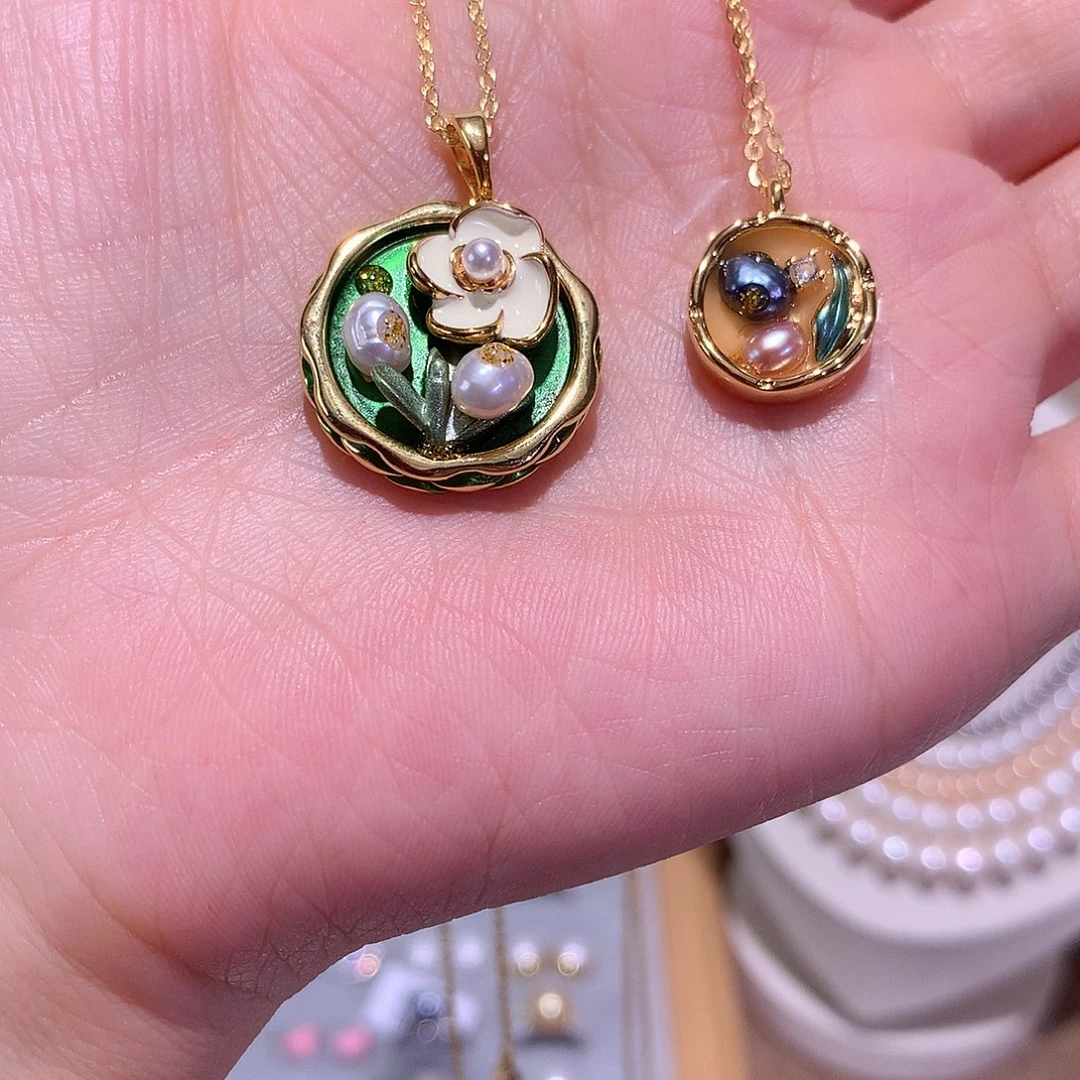 淡水珍珠油画吊坠银S925镶嵌