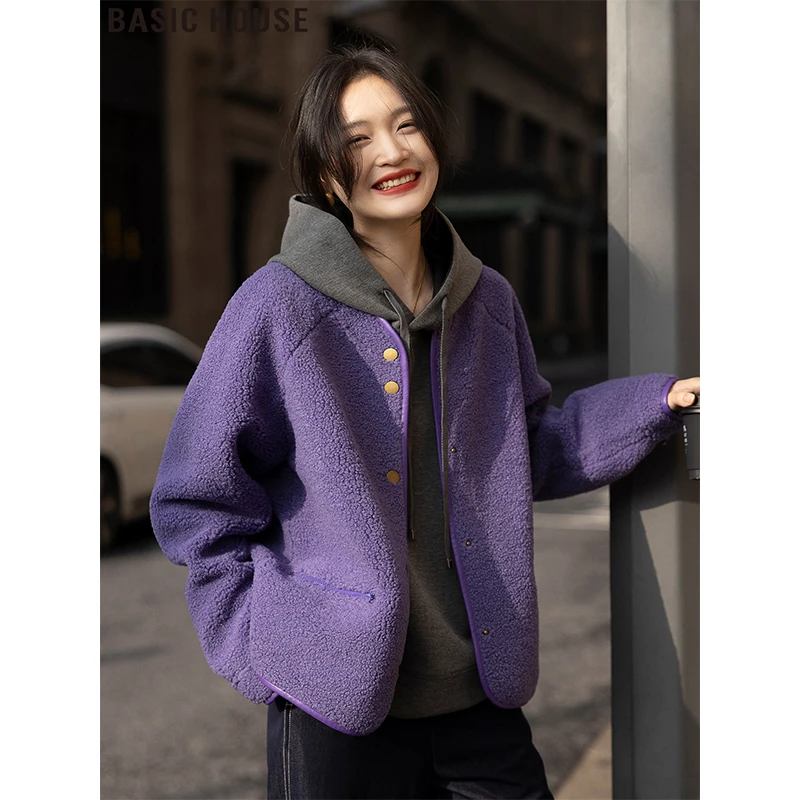 Basic House/百家好小个子紫色短款圆领小香风摇粒绒外套女秋冬季