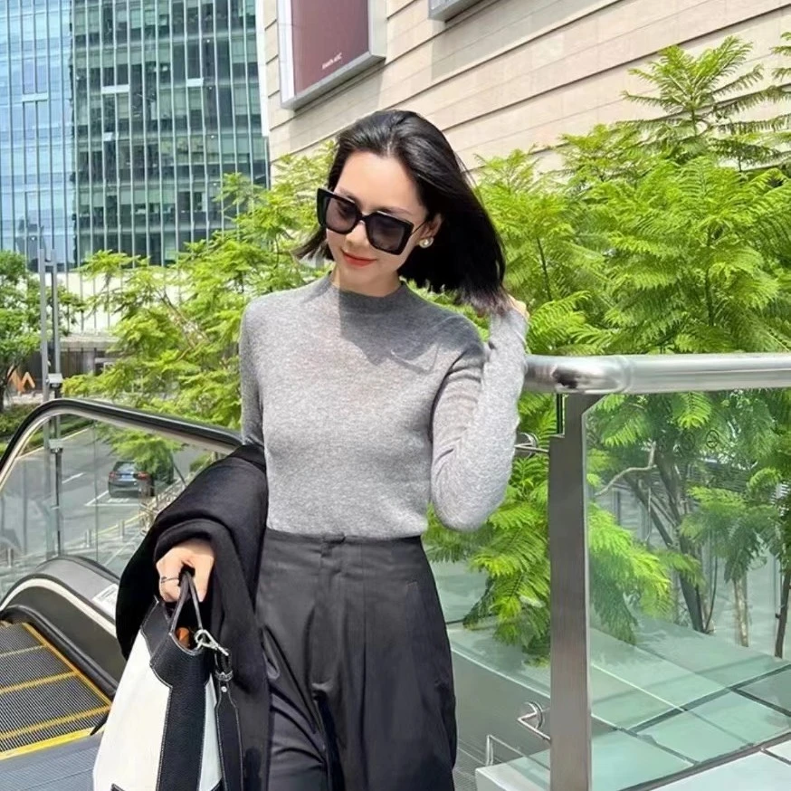 针织女修身型长袖不褪色毛针织衫上衣毛中低领百搭