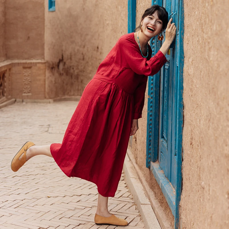绽放旅行女装524朵/重磅进口亚麻高腰细褶收腰显瘦圆领长袖连衣裙
