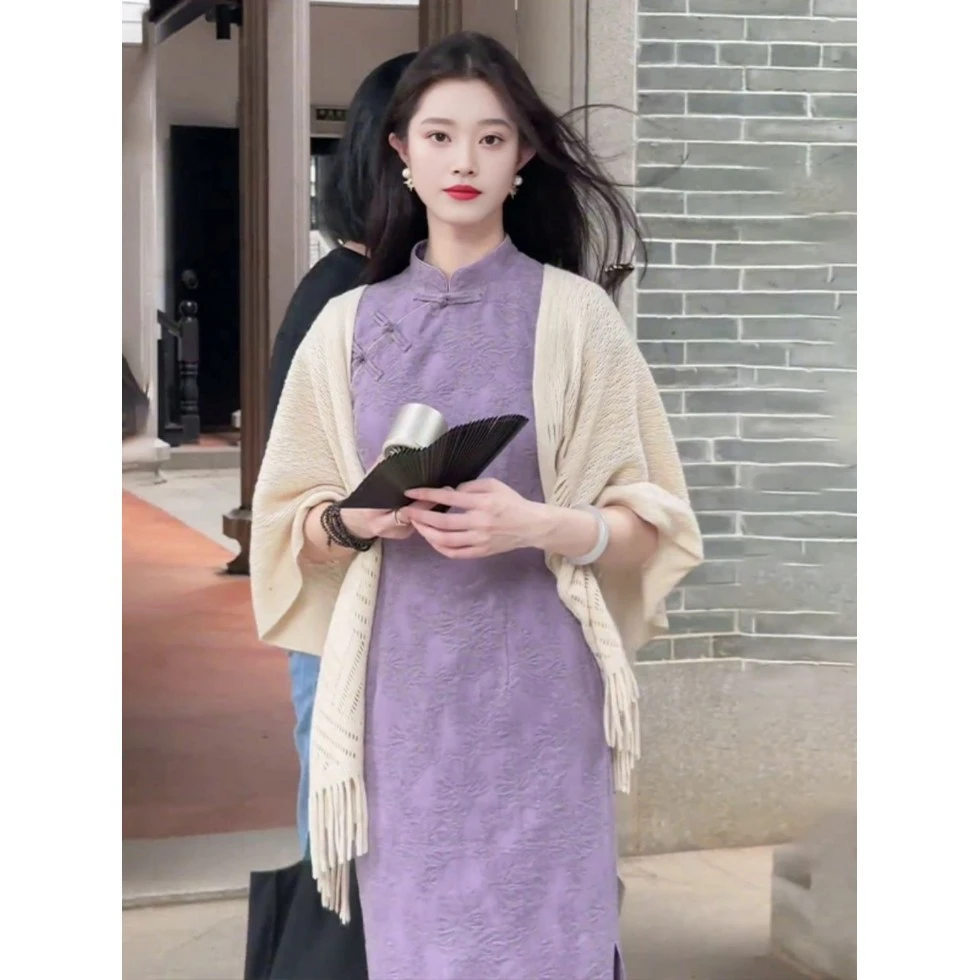 新中式国风旗袍改良年轻款少女日常可穿素雅紫色超好看盘扣连衣裙