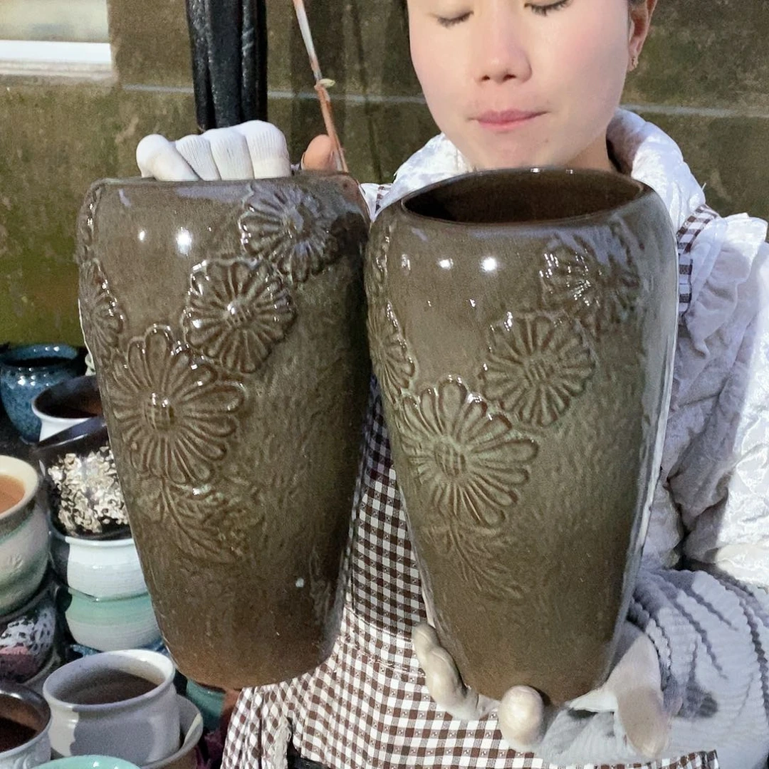 红泥花盆瑕疵口13高27