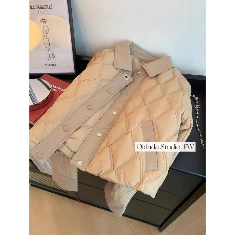 卡其色菱格小香风棉服外套女2024新款秋冬夹棉短款高级感棉衣