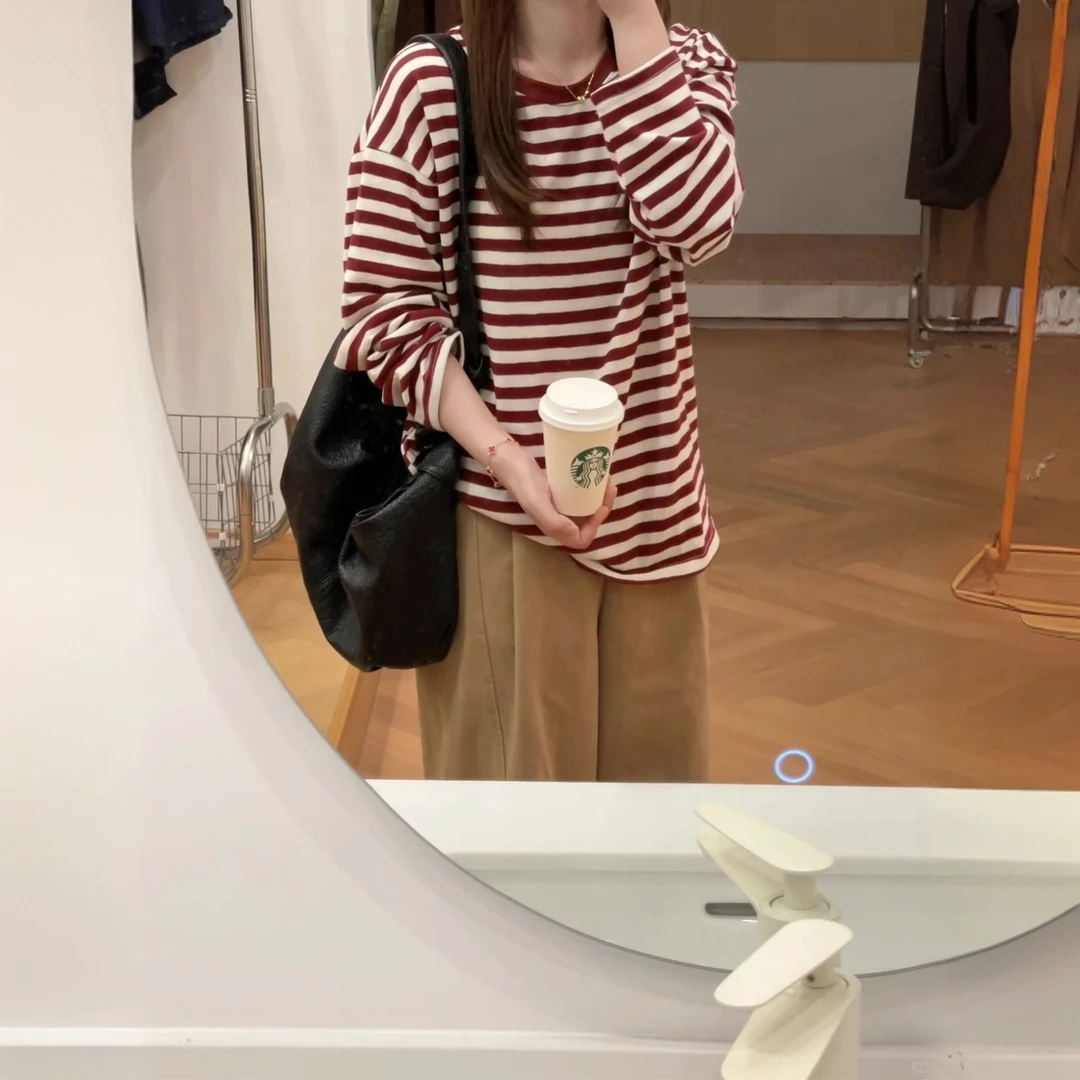 日常慵懒红色条纹长袖上衣女2025秋季新款简约百搭显瘦休闲T恤衫