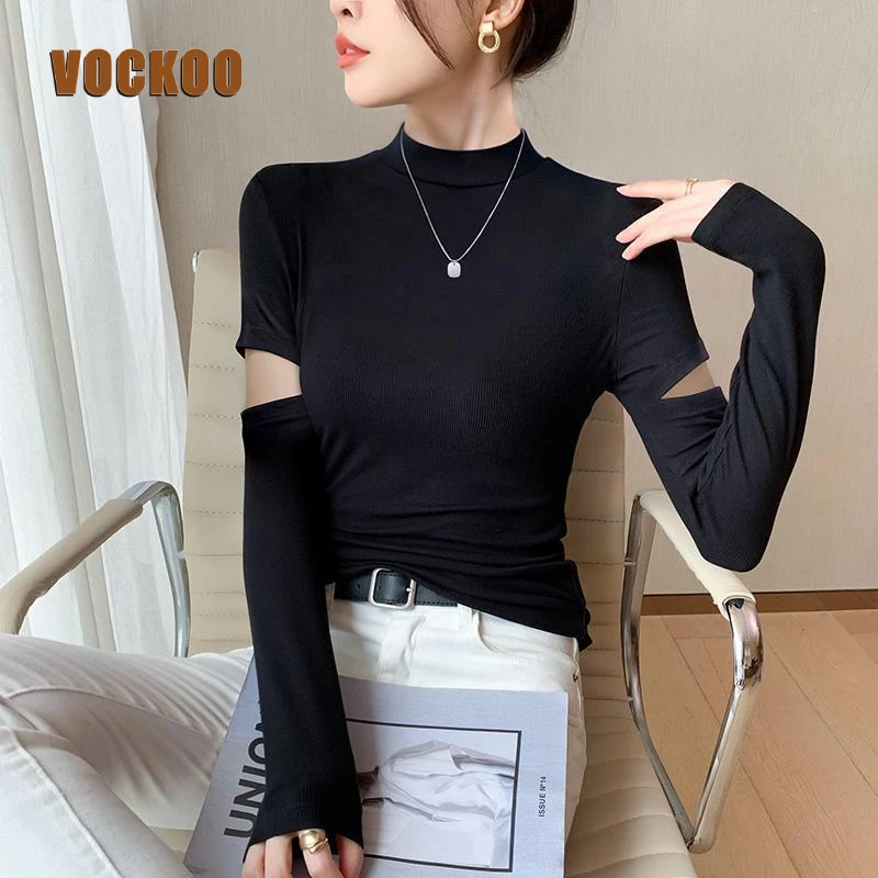 VOCKOO黑色螺纹半高领打底衫女秋冬洋气内搭镂空修身长袖针织设计
