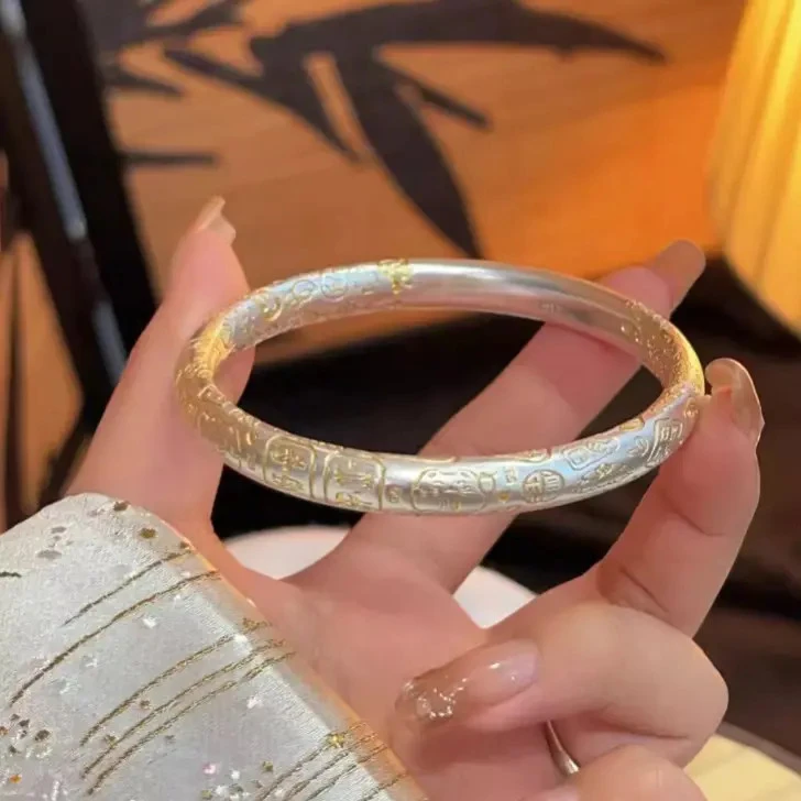 足银手镯 999纯银手镯女吉言描金招财猫闭口国风足银镯