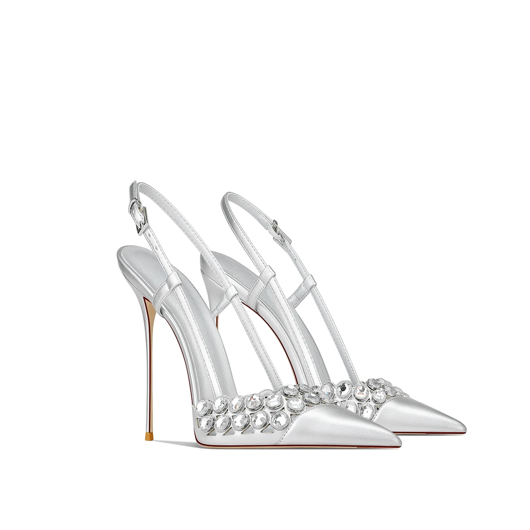 银色一字带包头凉鞋2025秋冬新款法式百搭名媛设计感高跟鞋不累脚