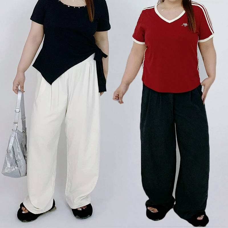 Milu家大码女装夏季百搭薄款奶芙山本裤胖mm显瘦宽松慵懒阔腿裤潮