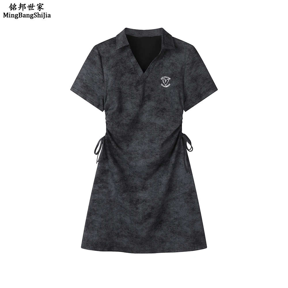 扎染polo领短袖连衣裙2025夏季新款抽绳收腰显瘦通勤百搭休闲裙子