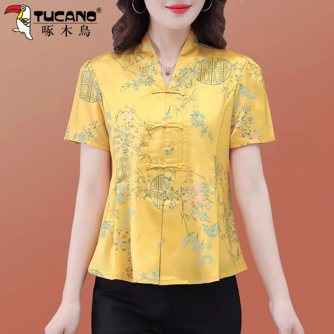 【官方】啄木鸟夏装国风盘扣短袖t恤2025新款女优雅减龄新中式小衫