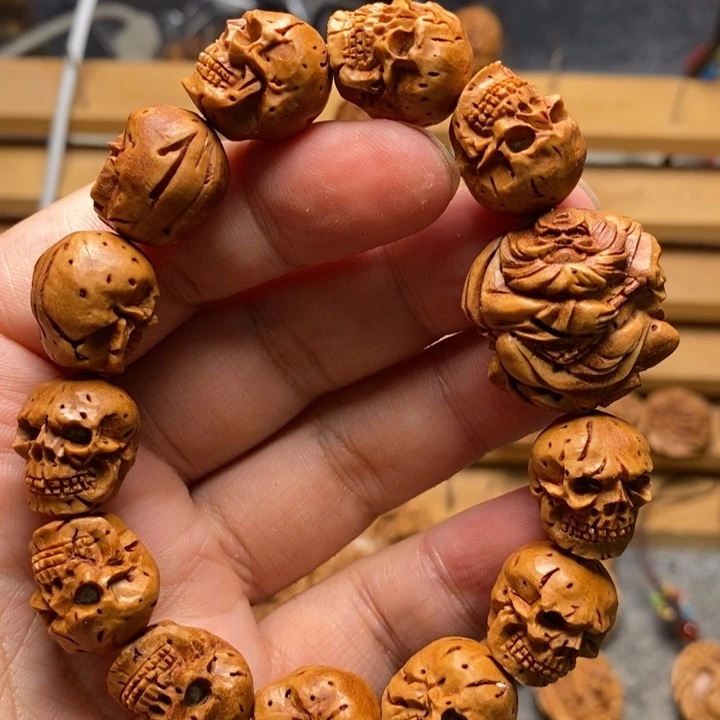 桃核手工雕刻骷髅手串➕钟馗