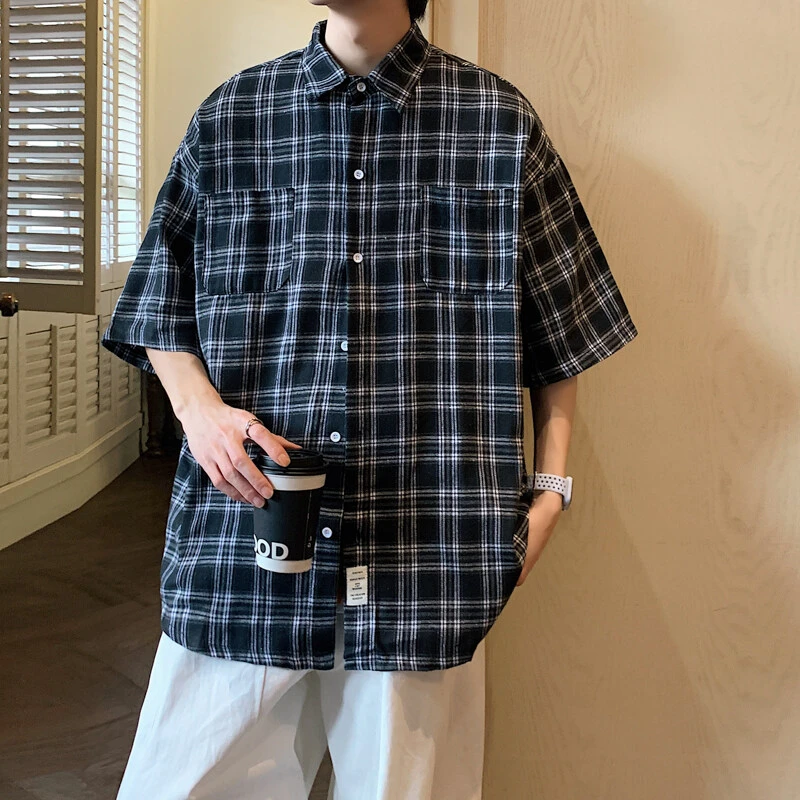 隐匿者2025夏季新款男士半袖拼色格子衬衫男港风潮流百搭五分袖男