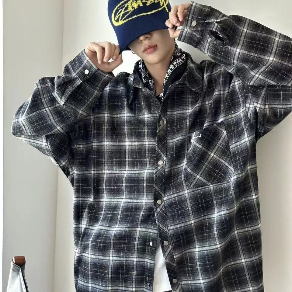 m青少年秋季新款百搭宽松休闲学生韩版潮流复古格子衬衫外套