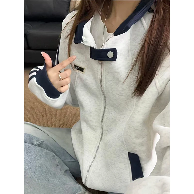 解构条纹立领外套男秋季宽松休闲开衫卫衣潮牌美式中性风运动夹克