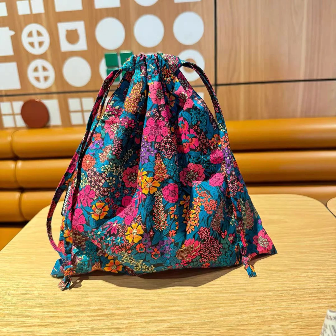 M855 花全棉布艺抽绳束黑底玫红花(侧标)