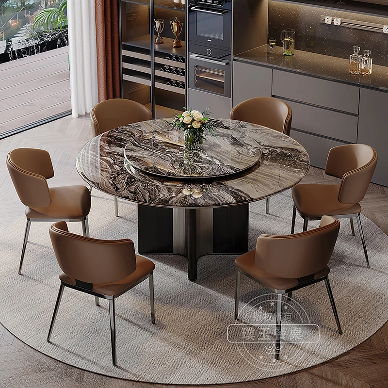 进口威尼斯棕天然大理石电动餐桌圆形意式轻奢家用客厅圆桌高级感