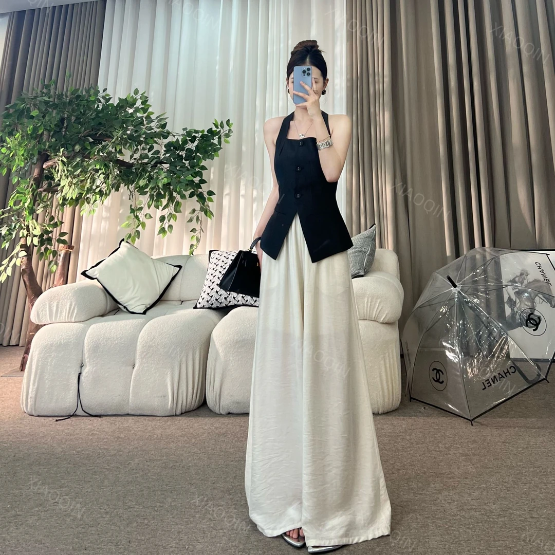XIAOQIN【自在清雅】夏季方领无袖吊带背心上衣直筒阔腿裤X055
