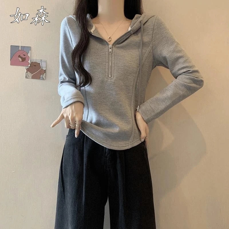 上衣短款帽衫女内搭新款连帽春秋装修身早秋季2025卫衣打底衫纯色