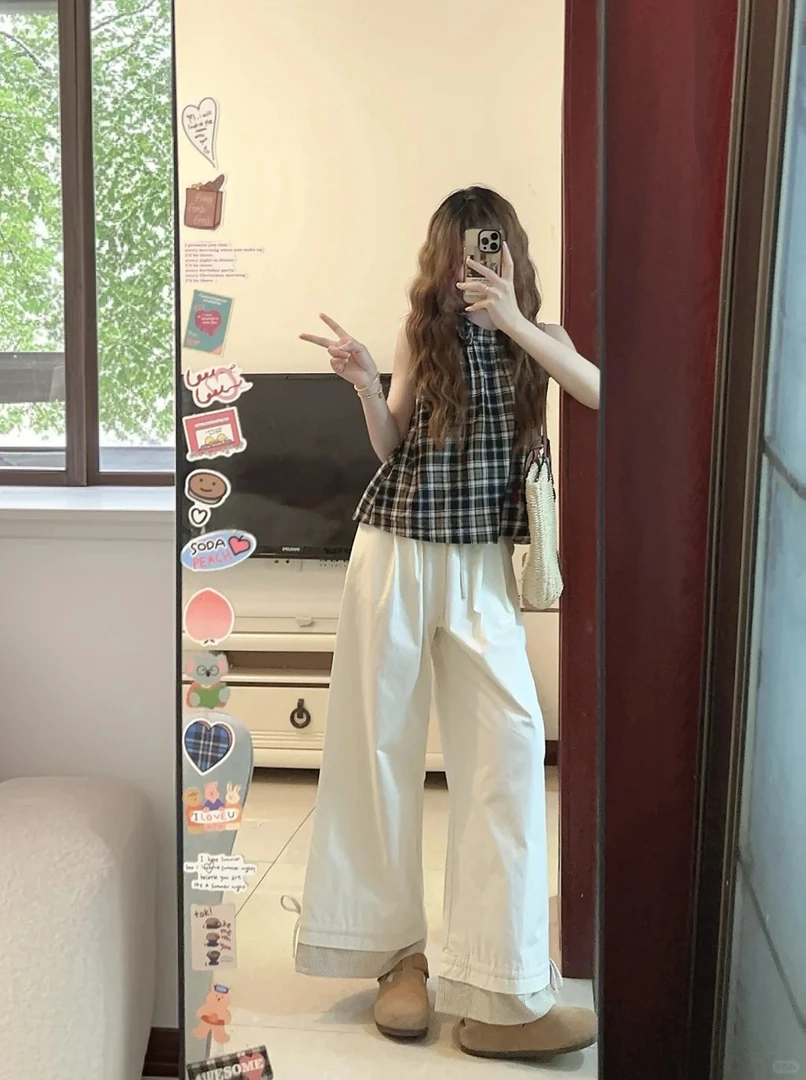 2025年夏季套装女时尚减龄吊带背心无袖上衣白色阔腿裤气质两件套