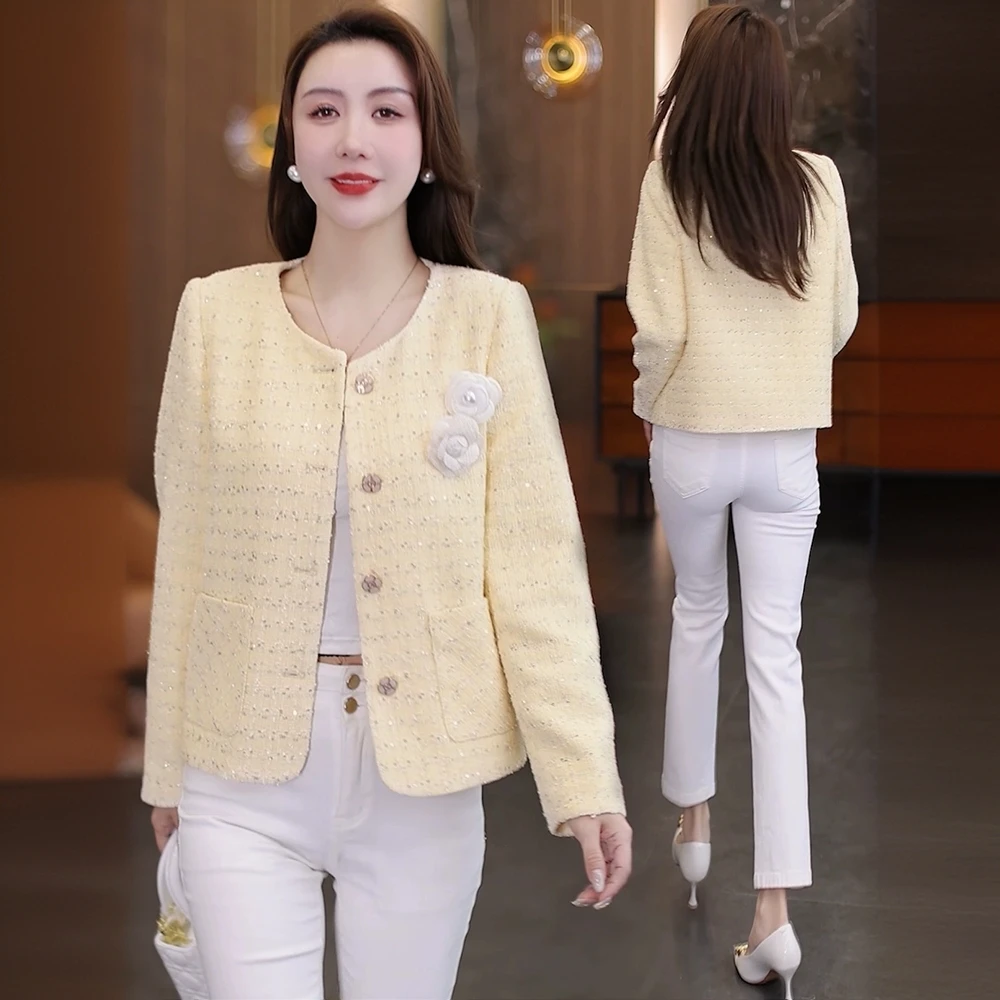 小香风毛呢短外套女春2025年春秋季新款洋气亮片名媛风圆领小外套