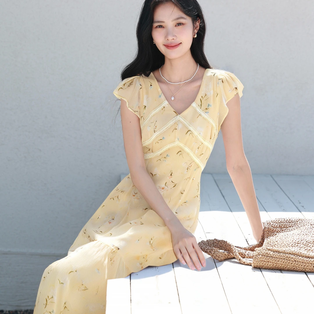 伊芙丽精致印花显瘦V领设计感黄色鱼尾连衣裙夏季仙女裙1G4993451