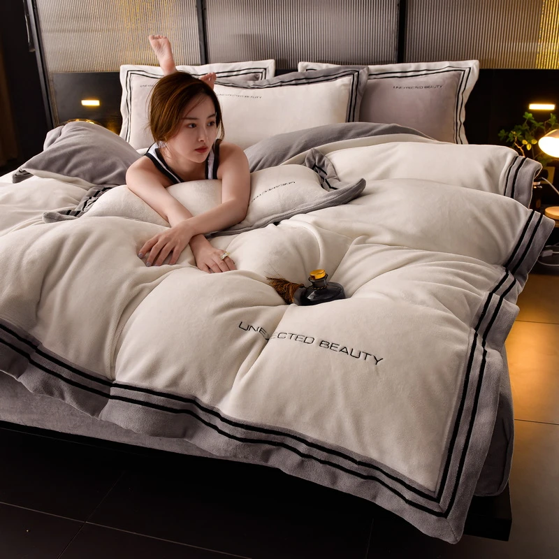 A类婴儿绒短绒四件套轻奢牛奶绒加厚保暖双面绒高级感被套床单被4