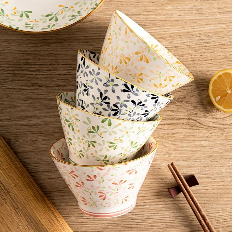 繁华四季釉下彩陶瓷餐具日式5英寸汤碗创意斗笠家用组合饭碗套装