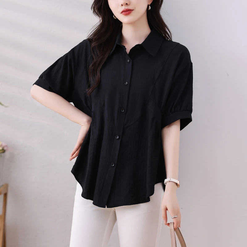 黑色短袖衬衫女夏季新款减龄洋气高级感宽松大码别致休闲衬衣上衣