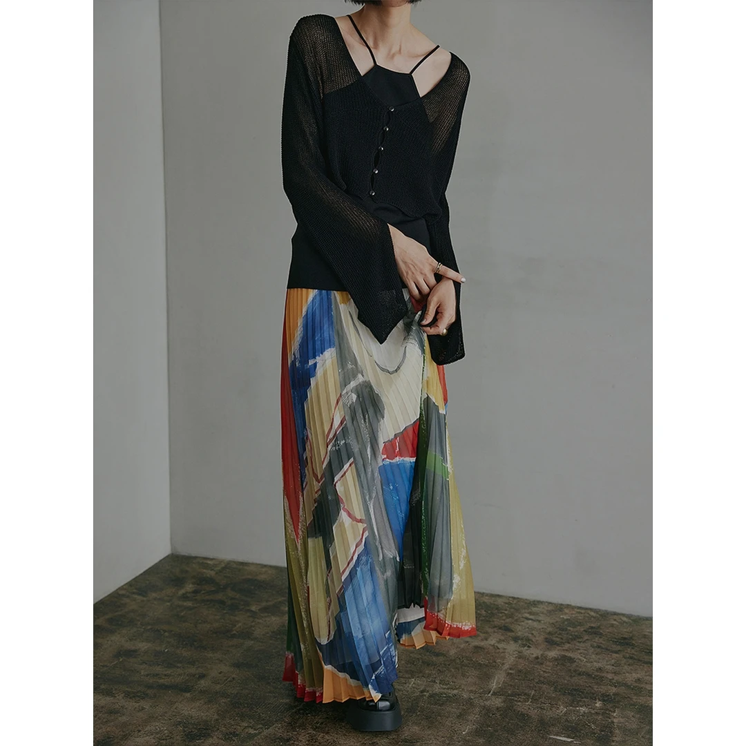 【Montendre】秋冬新款 代 设计师高腰原创高腰艺术系印花百褶半裙