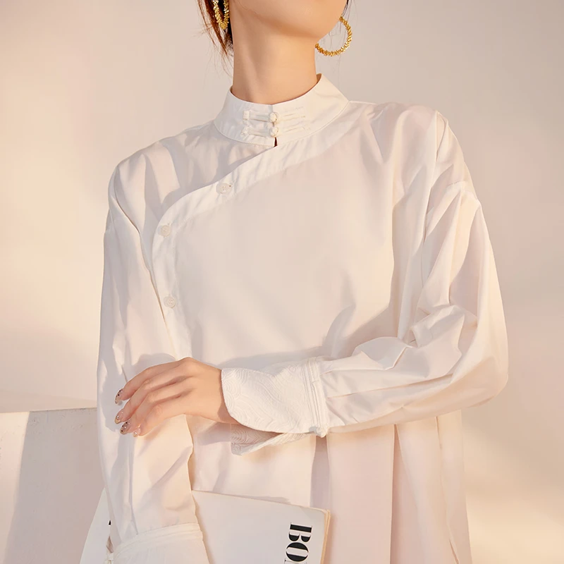 【月白】高端新中式休闲上衣国风纯色长袖百搭宽松立领衬衫女 M8023