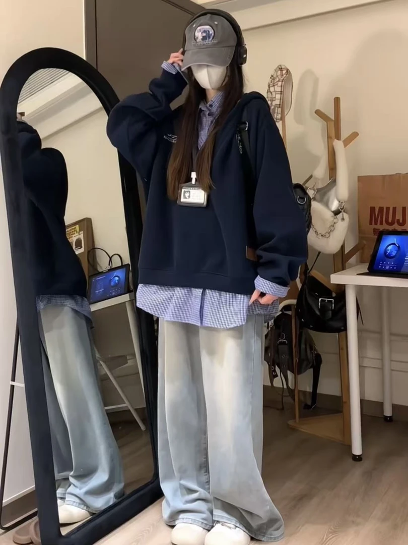 秋季韩版街头风宽松显瘦上衣格纹拼接假两件长袖连帽卫衣994561