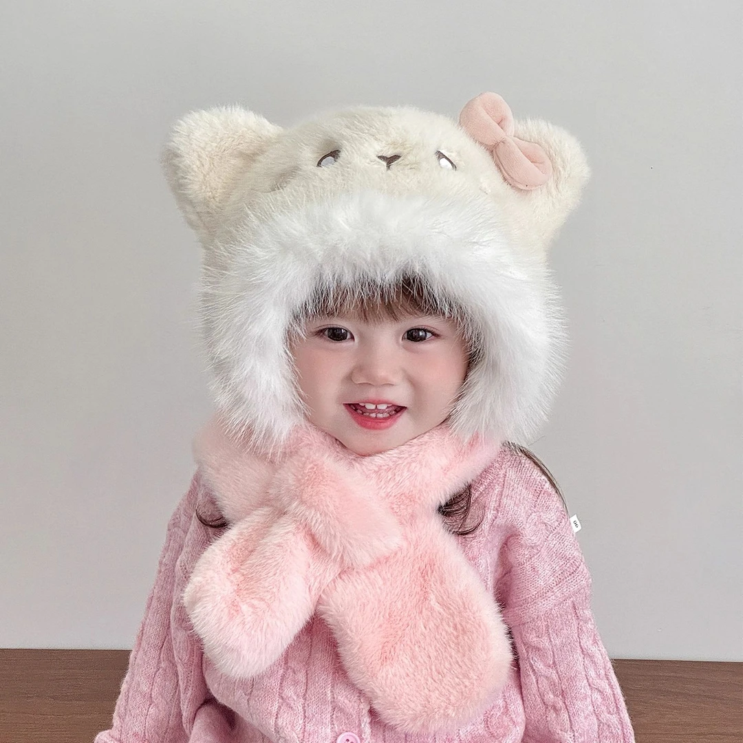 宝宝帽子冬天毛绒围脖两件套宝宝可爱卡通加厚加绒保暖围巾一体帽