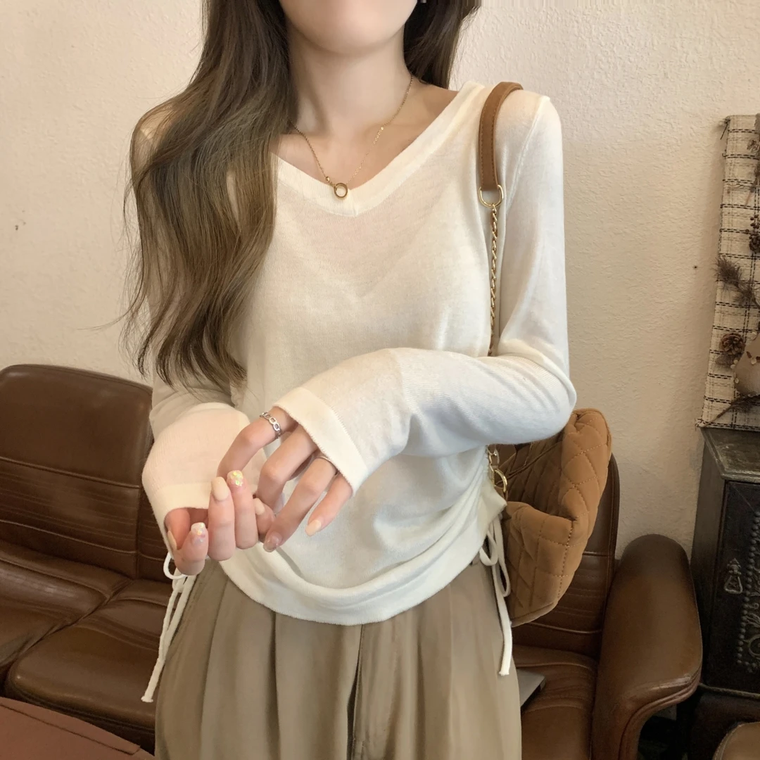 春季2025薄款V领抽绳收腰针织衫女韩系百搭ins松弛感长袖打底上衣