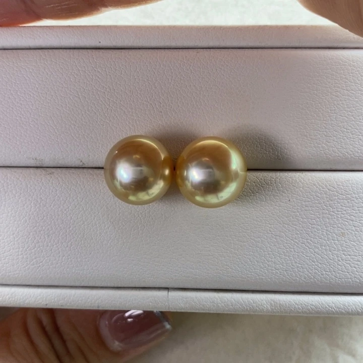 18K金镶嵌海水珍珠耳饰南洋金珠11-12mm
