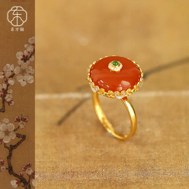 东方俪DOFUNLY【报平安】天然南红平安扣18K金设计款戒指NHJZ浮岚