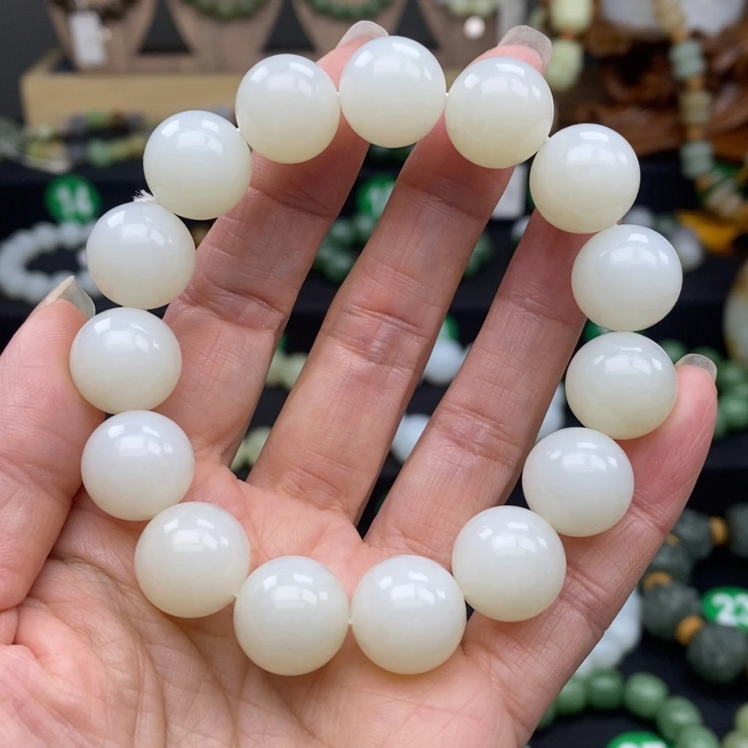 和田玉手链未镶嵌白玉手串14m m