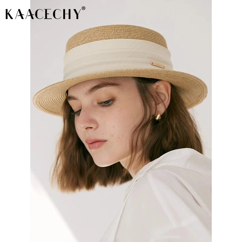 KAACECHY定制款平顶草帽遮阳防晒帽防紫外线巴拿马复古显脸小礼帽