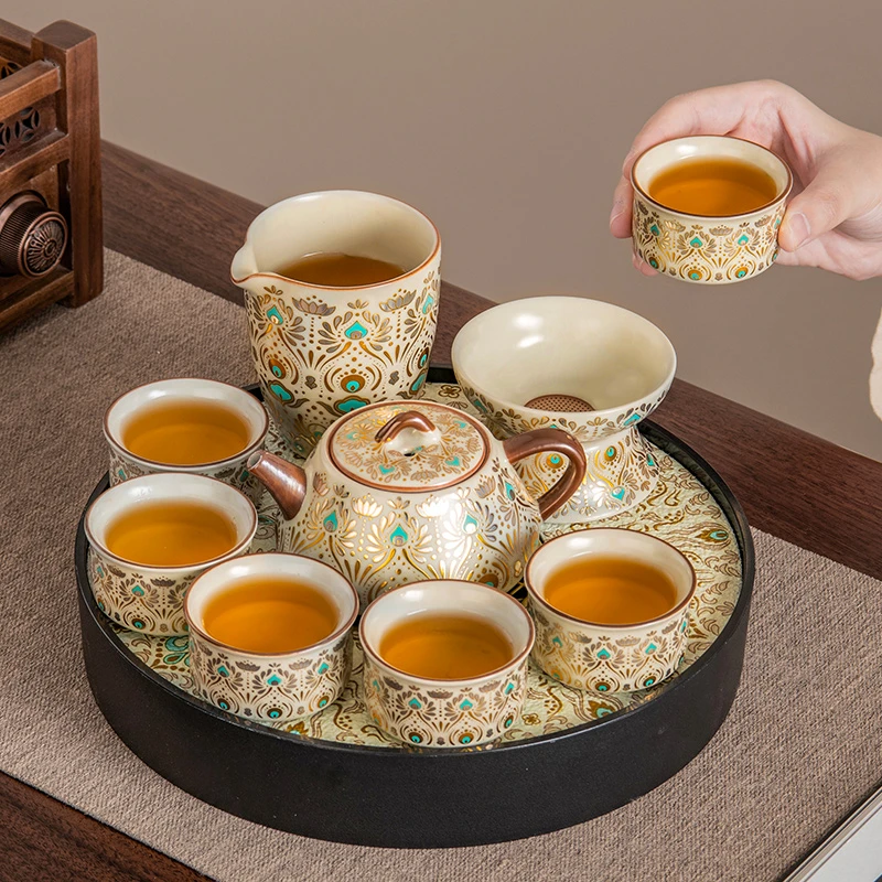 高端米黄汝窑敦煌功夫茶具圆形茶盘套装客厅家用中式泡茶办公会客