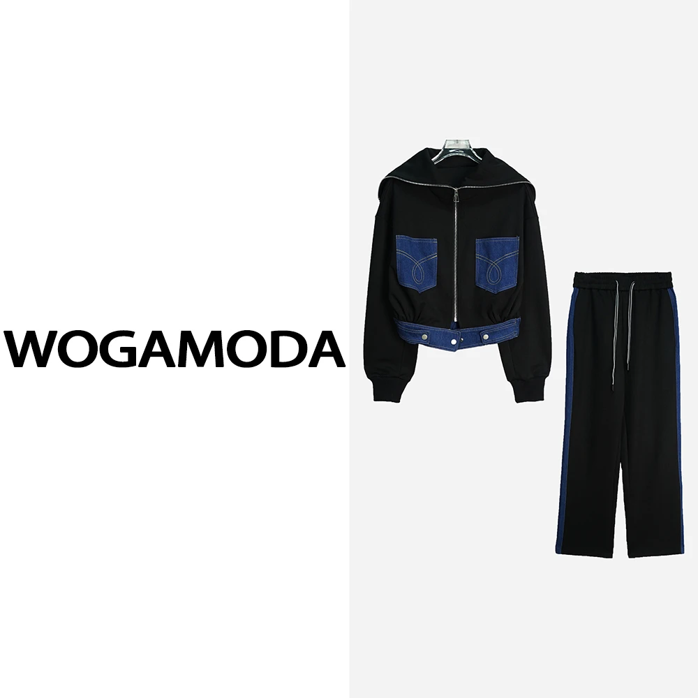 X24160【上新】时尚显瘦卫衣阔腿裤两件套新款休闲韩版黑色套装3Q